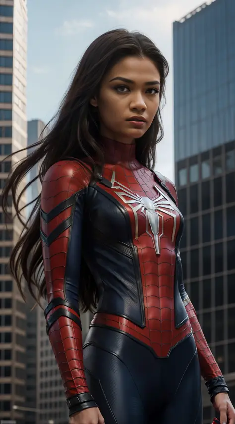 1girl, (((solo)))), Zendaya dressed in Marvel's Spider-Man uniform. Long hair. Detail eyes. Highly detailed face, mascara in the eyes, red lipstick in the mouth, facial expression of malice. Full-length portrait showing an imposing posture, towards the vie...