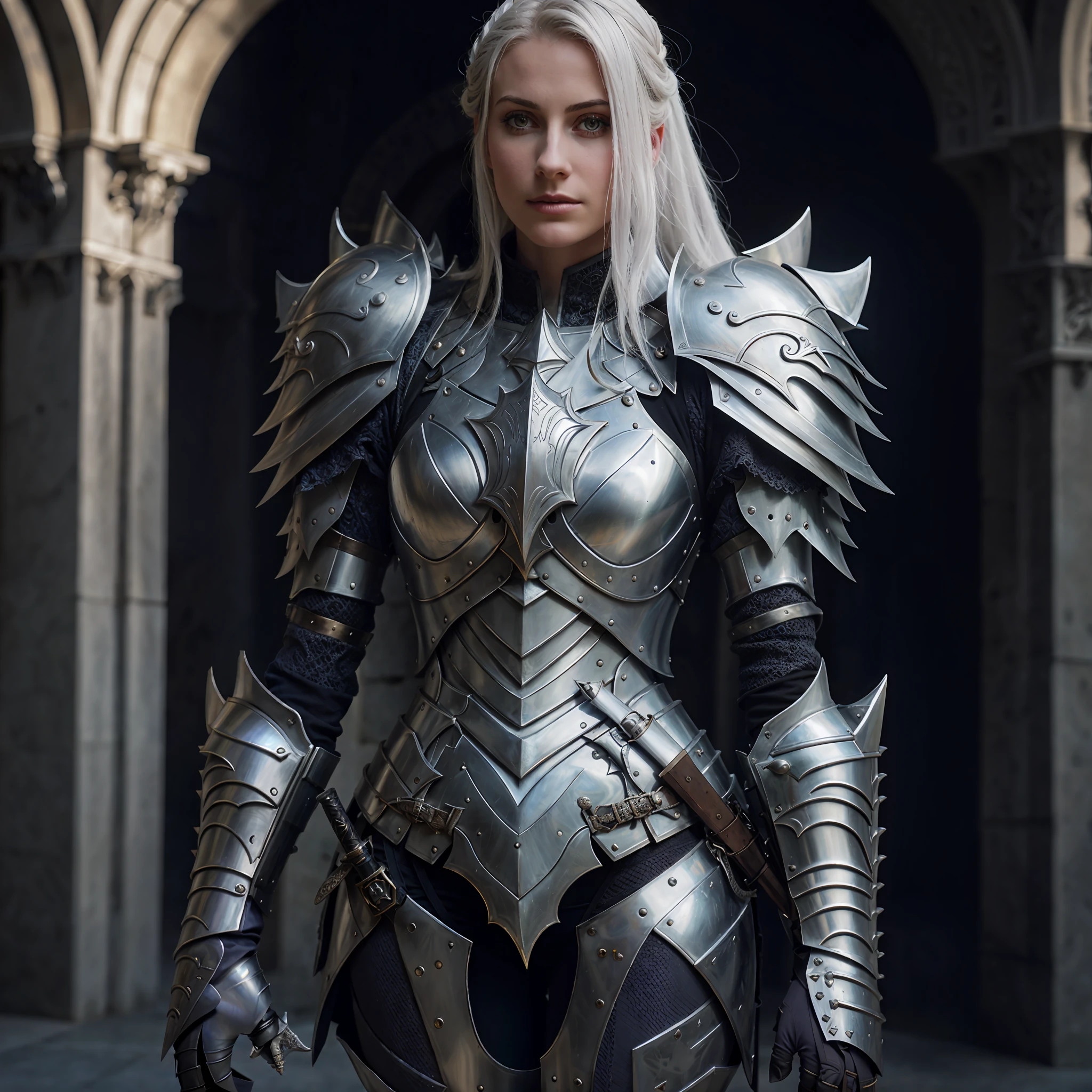arafed woman in armor standing in a building with a sword, girl in knight armor, beautiful female knight, stunning armor, wearing intricate steel armor, fantasy warrior in full armor, wearing fantasy armor, of a beautiful female knight, beautiful armor, female knight, very stylish fantasy armor, female armor, gorgeous female paladin, portrait of female paladin, silver metal armor