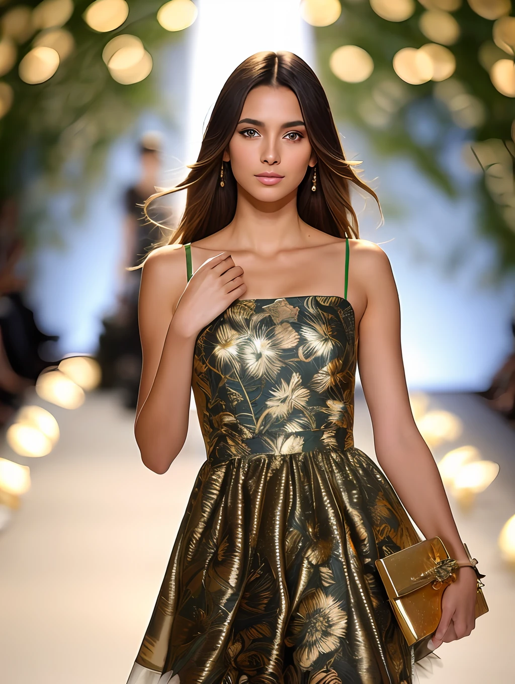 photo of a stunning extremely beautiful Brazilian supermodel, green eyes, long messy windy light brown hair, flipping hair, closeup zoomed in tight crop portrait, walking down a (runway at a fashion show scene models people:1.2) wearing a (fluttering floral high couture dress:1.3) (expensive clutch bag on her hand:1.3) (Lighting-Gold:1.2) foreground objects background details (masterpiece:1.2) (photorealistic:1.2) (bokeh:1.2) (best quality) (color grading) (detailed skin:1.3) (intricate) (8k) (HDR) (cinematic lighting:1.3) (sharp focus), messy windy hair