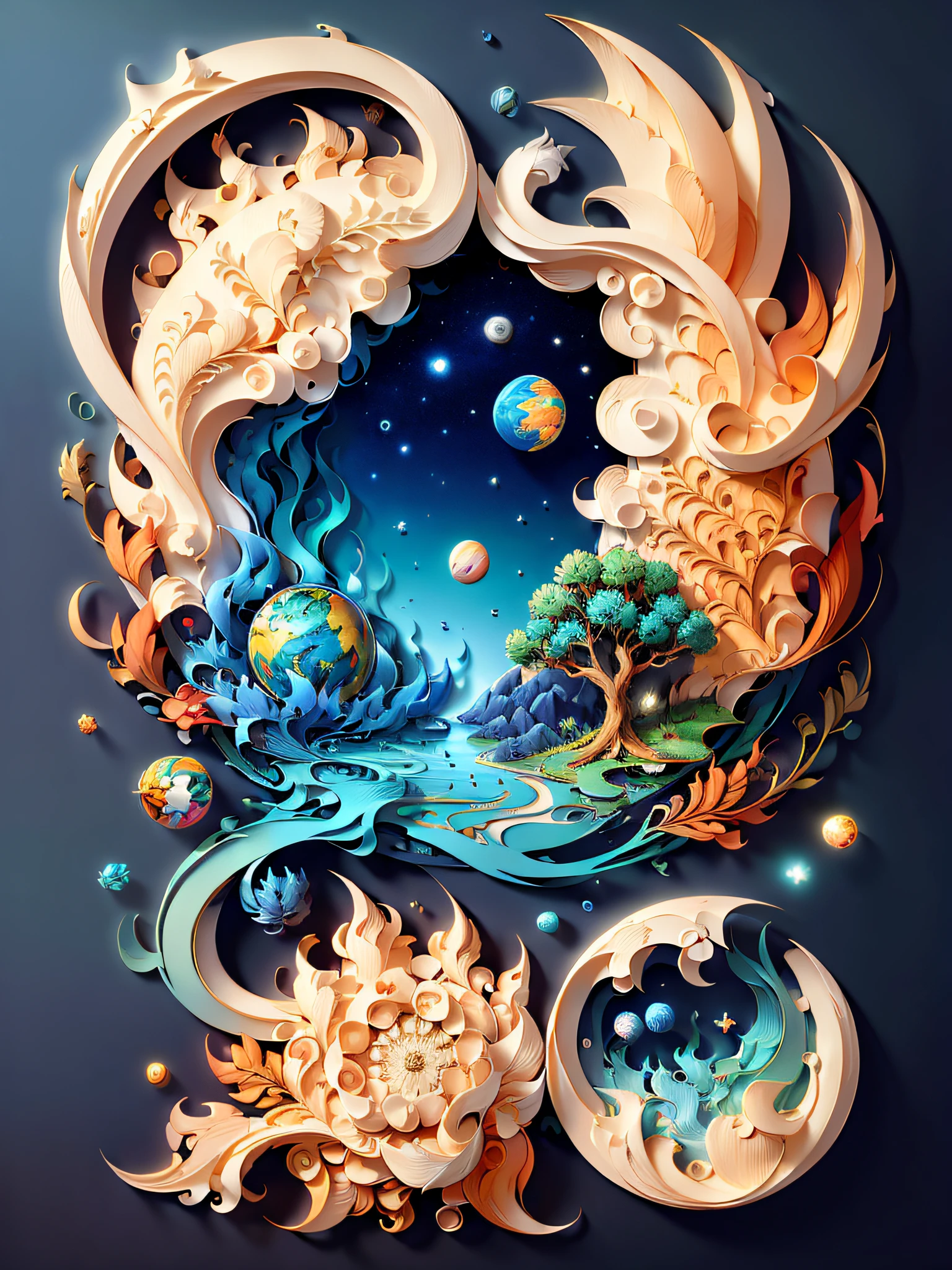 (((masterpiece))),best quality, illustration, earth, water ,fire, wind , space  , paper_cut,