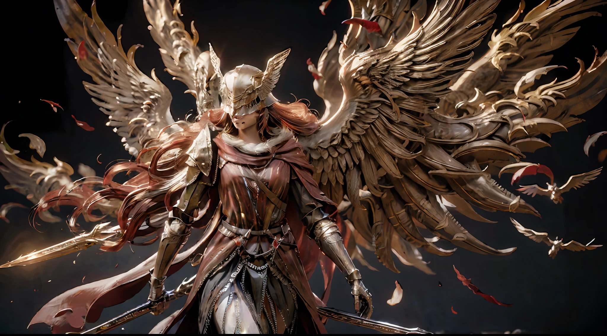 Pure white Holy Spirit Archangel Valkyrie armor cover, red cloak swaying in the wind, battle stance diagram, helmet covering eyes, back six-winged archangel light wings, fluttering effect, realistic effect, radiation, close-up, 3D, chiaroscuro, luminescence, ray tracing, reflected light, masterpiece, UHD, award-winning, high resolution,
