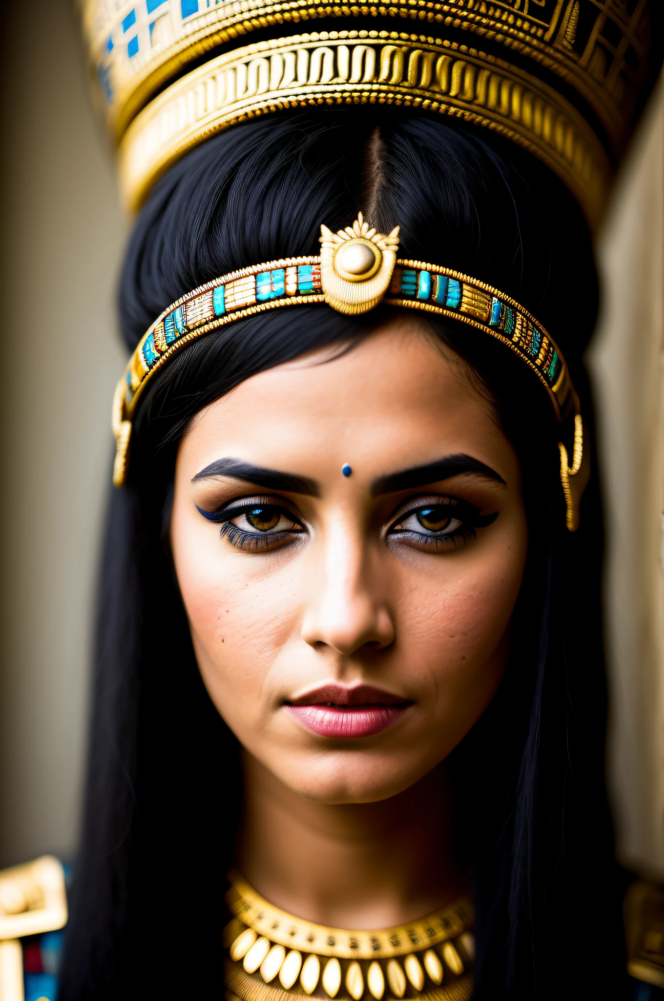 portrait photo of Cleopatra, highly detailed face, depth of field, moody light, atmospheric lighting, Egyptian headress, highly detailed, style by Dan Winters, Russell James, Steve McCurry, centered, extremely detailed, Nikon D850, award winning photography