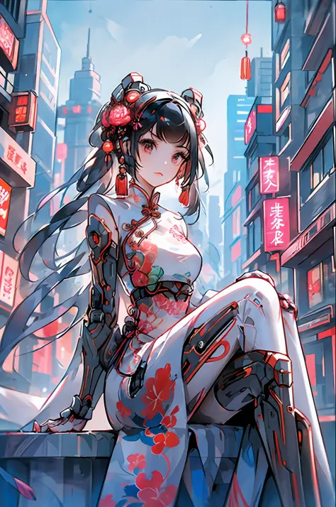 1 girl, chinese_clothes, sitting, in white and pink,cyberhanfu, cheongsam, cyberpunk city, dynamic pose, headdress, hair ornamen...