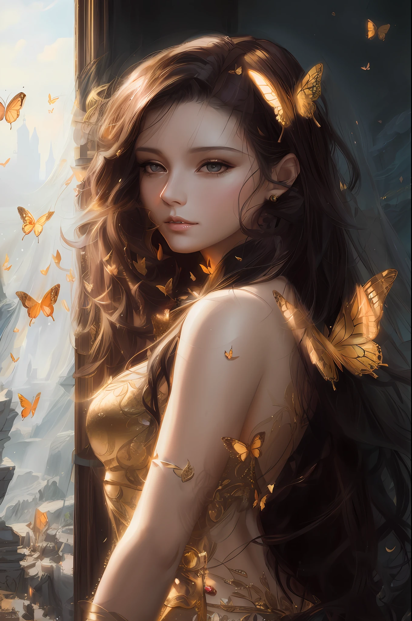 arafed woman with long hair and butterfly wings in a gold dress, beautiful fantasy art, beautiful fantasy art portrait, neoartcore and charlie bowater, beautiful fantasy portrait, very beautiful fantasy art, beautiful digital artwork, fantasy art behance, realistic fantasy illustration, charlie bowater art style, fantasy art style, fantasy art portrait, amazing fantasy art