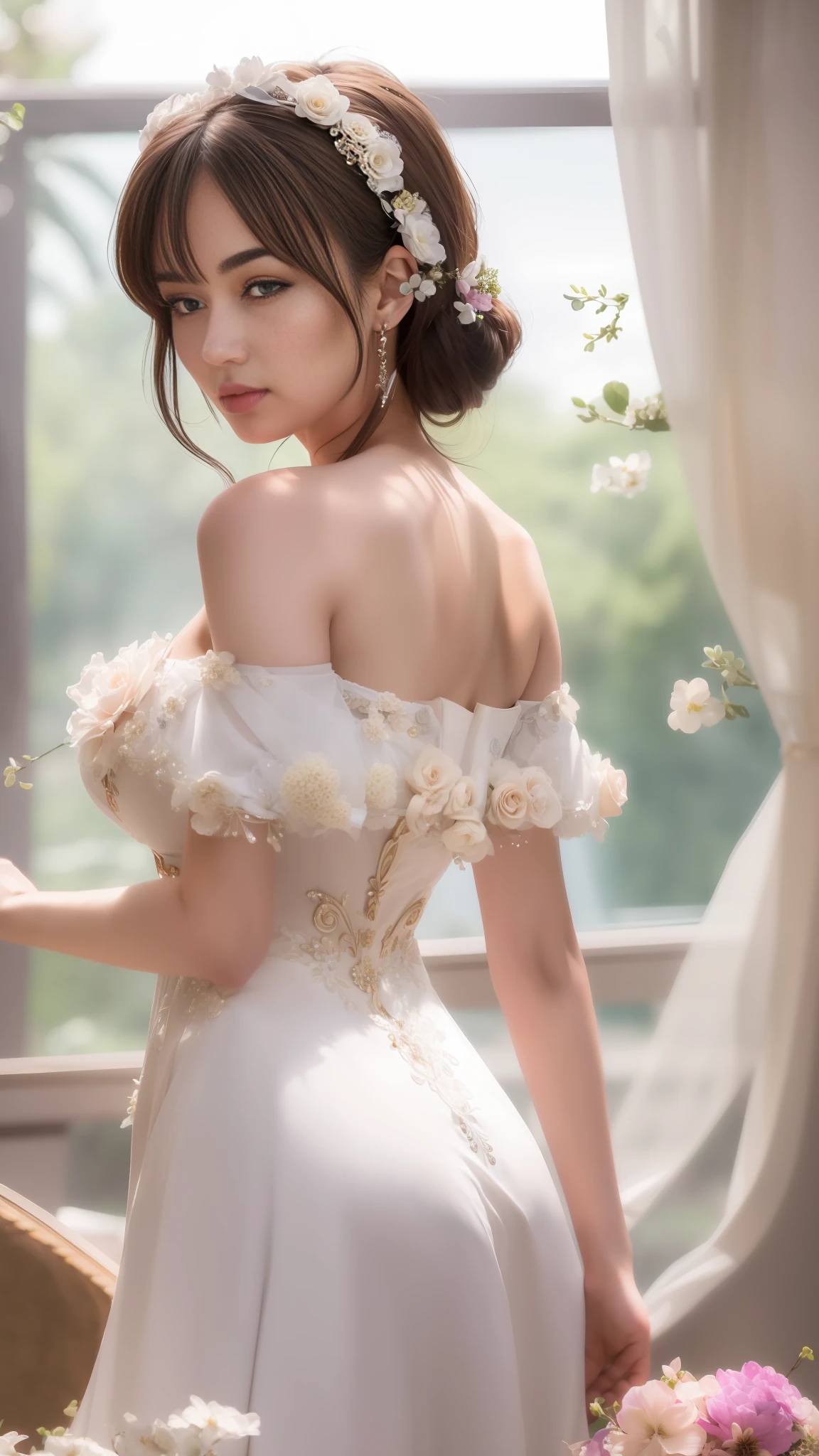 araffe asian woman in a white dress with a flower in her hair, elegant corset, white royal dress, romantic dress, silk dress, royal elegant pose, rococo queen, elegant glamourous cosplay, imperial royal elegant clothing, victorian dress, lovely queen, fantasy long intricate gown, silk satin, romantic gown, cute elegant pose, exquisite aristocratic,  masterpiece, superdeformed, full body: 1.2, ultra high res, RAW photo, masterpiece, ultra detailed, 8k, full detailed hair, highres, best quality, ultra high res, ultra detailed face and eyes, (photorealistic:1.4), looking at viewer, smiling, cute,  (ray tracing:1.4), (long legs:1.4), Best quality , masterpiece, large hip, big melons, big butt, large chest, large hip , big breast,  Yua Mikami, Fully facial detailed, beautiful, ((very detailed of hair )) , (((14 years old))), thin lips, big eyes, highres, seducing, blue eyes , slim waist, 8k, 16k, highres,
karol bak uhd, inspired by hajime sorayama,