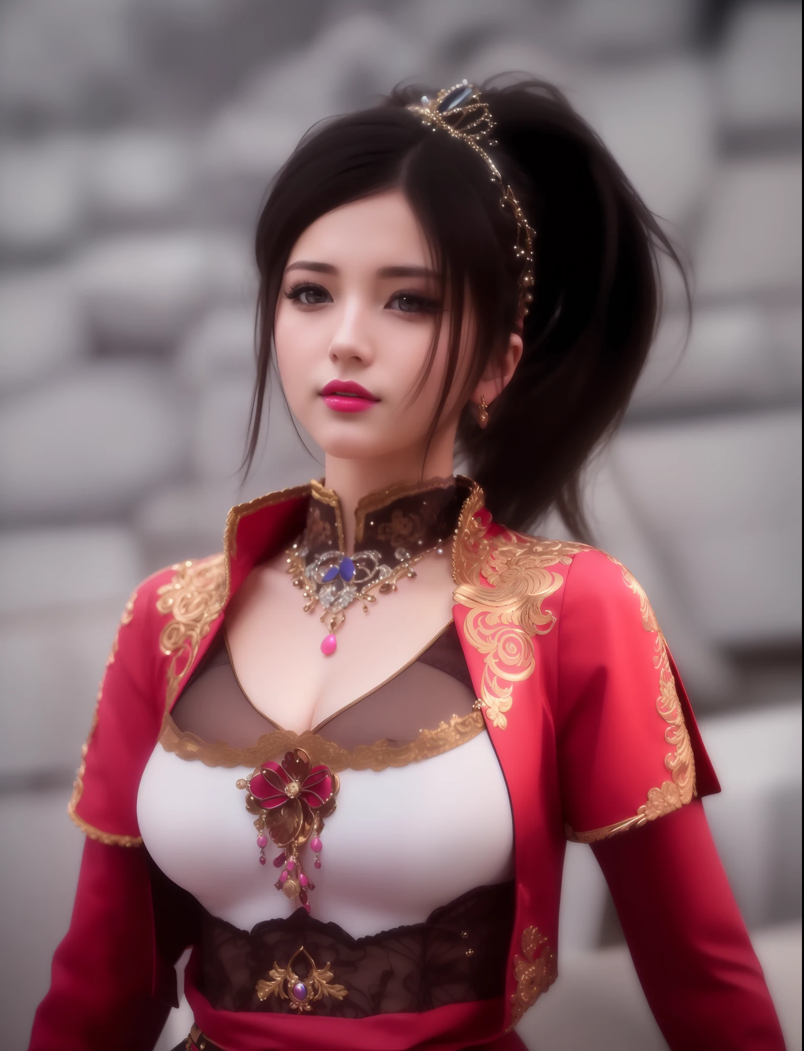 (masterpiece, best quality, extremely detailed 8k, ultra hd, ultra-detailed, highly detailed, highly realistic, ultra-realistic, photo realistic), (1girl:1.5), (detailed realistic skin), (realistic big breasts), (pink lipstick)