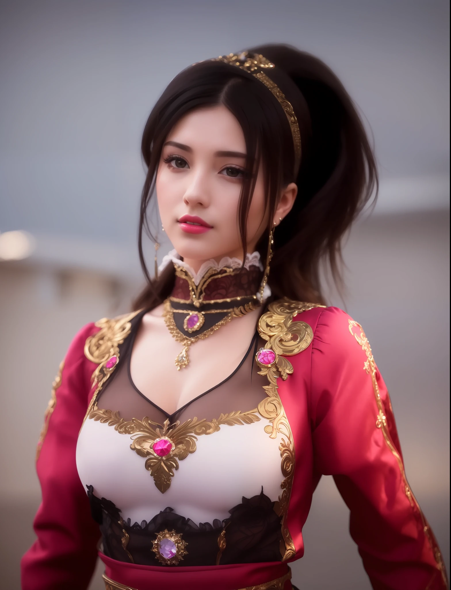 (masterpiece, best quality, extremely detailed 8k, ultra hd, ultra-detailed, highly detailed, highly realistic, ultra-realistic, photo realistic), (1girl:1.5), (detailed realistic skin), (realistic big breasts), (pink lipstick)