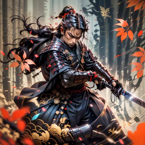 Samurai, Cinematic, masterpiece, samurai combat pose, soft contrast, cinematic lighting, cinematic shadow, Katana_weapon, Samura...