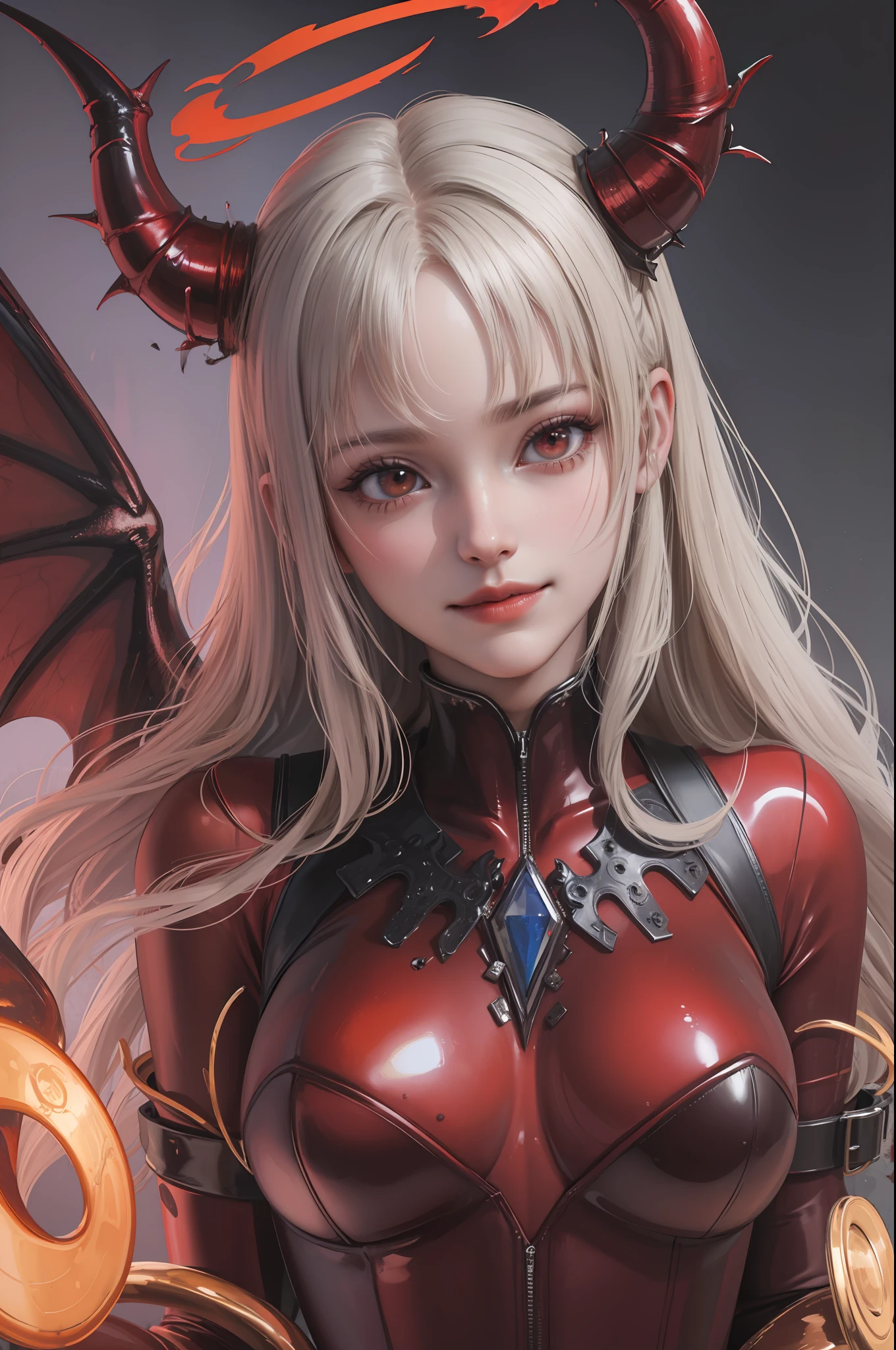 ((extreme detail)), (ultra-detailed), (painting), chiaroscuro, extremely detailed CG 8k wallpaper unit, best quality, red bodysuit, red halo, horns, devil, succubus, evil smile