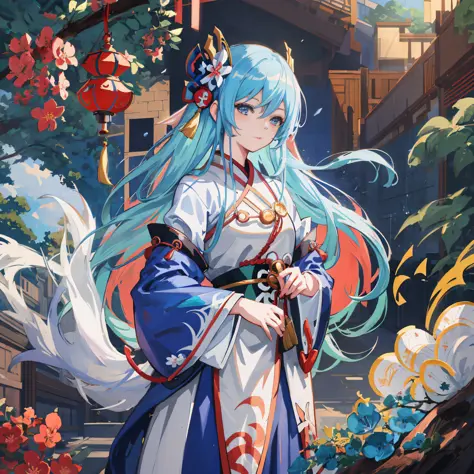 anime girl in a blue and white dress standing in front of a building, anime style 4 k, onmyoji portrait, high detailed official artwork, anime art wallpaper 4 k, anime art wallpaper 4k, anime art wallpaper 8 k, keqing from genshin impact, onmyoji detailed ...