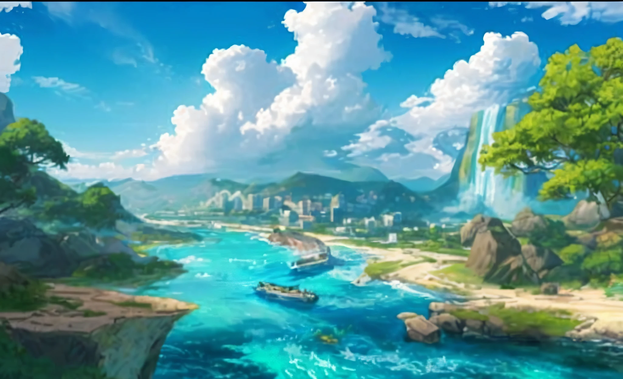 a painting of a river with a boat in it and a mountain in the background, game background, island background, rio de janeiro in an anime film, amazing wallpaper, epic and stunning, tropical coastal city, anime scenery concept art, beautiful environment, anime landscape, anime landscape wallpaper, epic background, concept art. epic landscape, scenery art detailed, epic scenery