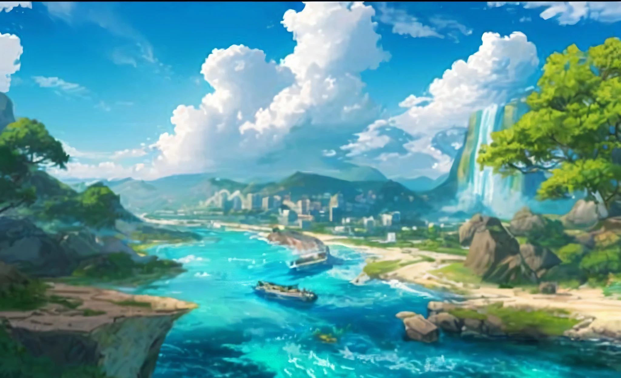 ein Gemälde von einem Fluss mit einem Boot darin und einem Berg im Hintergrund, Spielhintergrund, Inselhintergrund, Rio de Janeiro in einem Animefilm, tolle Tapete, episch und atemberaubend, tropische Küstenstadt, anime scenery Konzeptkunst, schöne Umgebung, Anime-Landschaft, Anime-Landschaft wallpaper, epischer Hintergrund, Konzeptkunst. epische Landschaft, Landschaft Kunst detailliert, Epische Landschaft