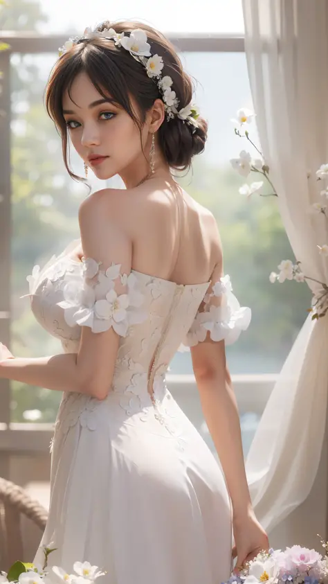 araffe asian woman in a white dress with a flower in her hair, elegant corset, white royal dress, romantic dress, silk dress, ro...