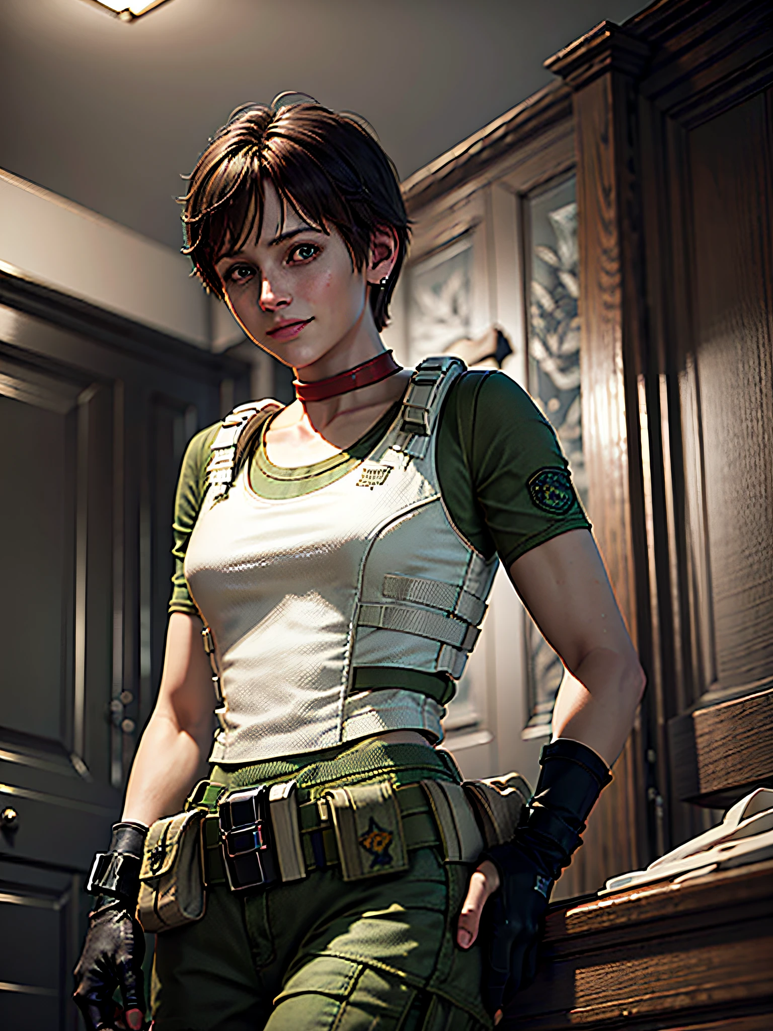 1girl, solo, Rebecca Chambers, re1costume, masterpiece, best quality, high resolution:1.2, ultra-detailed, illustration, S.T.A.R. uniform,  smiles, looking at viewer, Indoors, black gloves, night, med kit, volumetric lighting, upper body shot