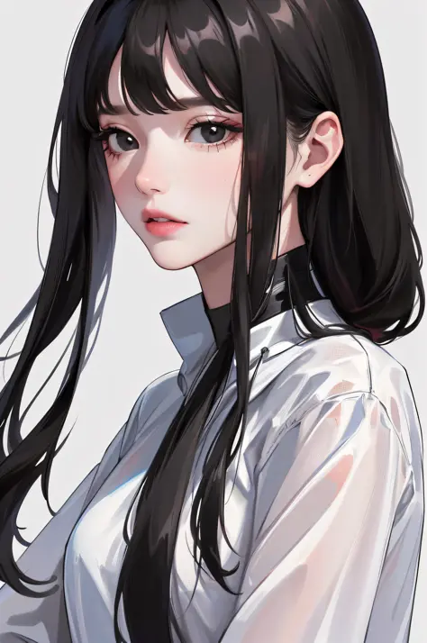 (highest resolution, distinct_image) The best quality, a woman, masterpiece, highly detailed, (semi-realistic), ((long hair)), black hair, black hair bangs, black eyes, mature, cherry glossy lips, white background, close-up portrait