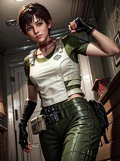 1girl, solo, rebecca chambers, re1costume, masterpiece, best quality, high resolution:1.2, ultra-detailed, illustration, s.t.a.r...