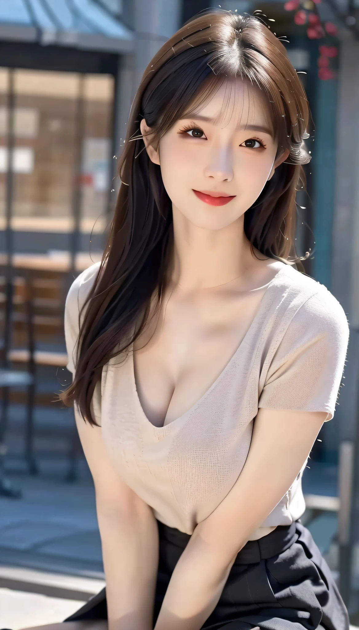 in focus, Full Body Photo (FLS), FHD, 1080P, 2K, 4K, 8K, Mind-bSoft illuminationlowing Details, Unfathomable, Leica camera, Full Length Shot (FLS), cute, Golden Ratio, Soft illumination, absorbing. Super detailed, extremely detailed, beautiful meticulous girl, 1 girl, (perfect female figure), full body, sweater, short skirt, long legs, no chest, background in bar.