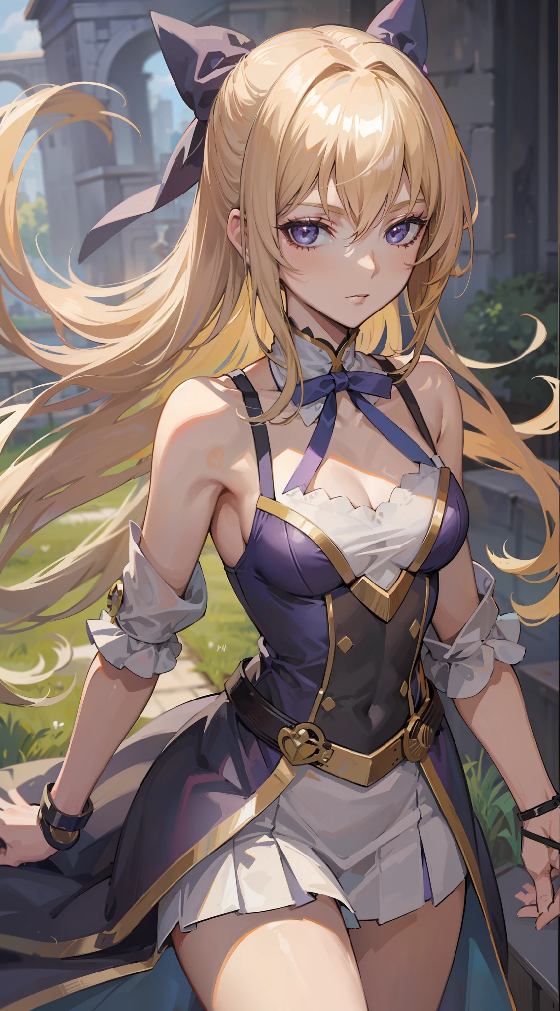 ((Top Quality, 8K,)) 1 Woman, Blonde Hair and Red Eyes Anime Girl, Anime Girl Named Lucy, Portrait of a Female Anime Hero, Female Anime Character, Zodiac Girl Portrait Knight, Altria Pendragon, Hajime Yatate, Symphogear, Giorno Giovanna, Cornelia from Code Geass, War Maiden Suvia, Small, Purple Ribbon in Hair