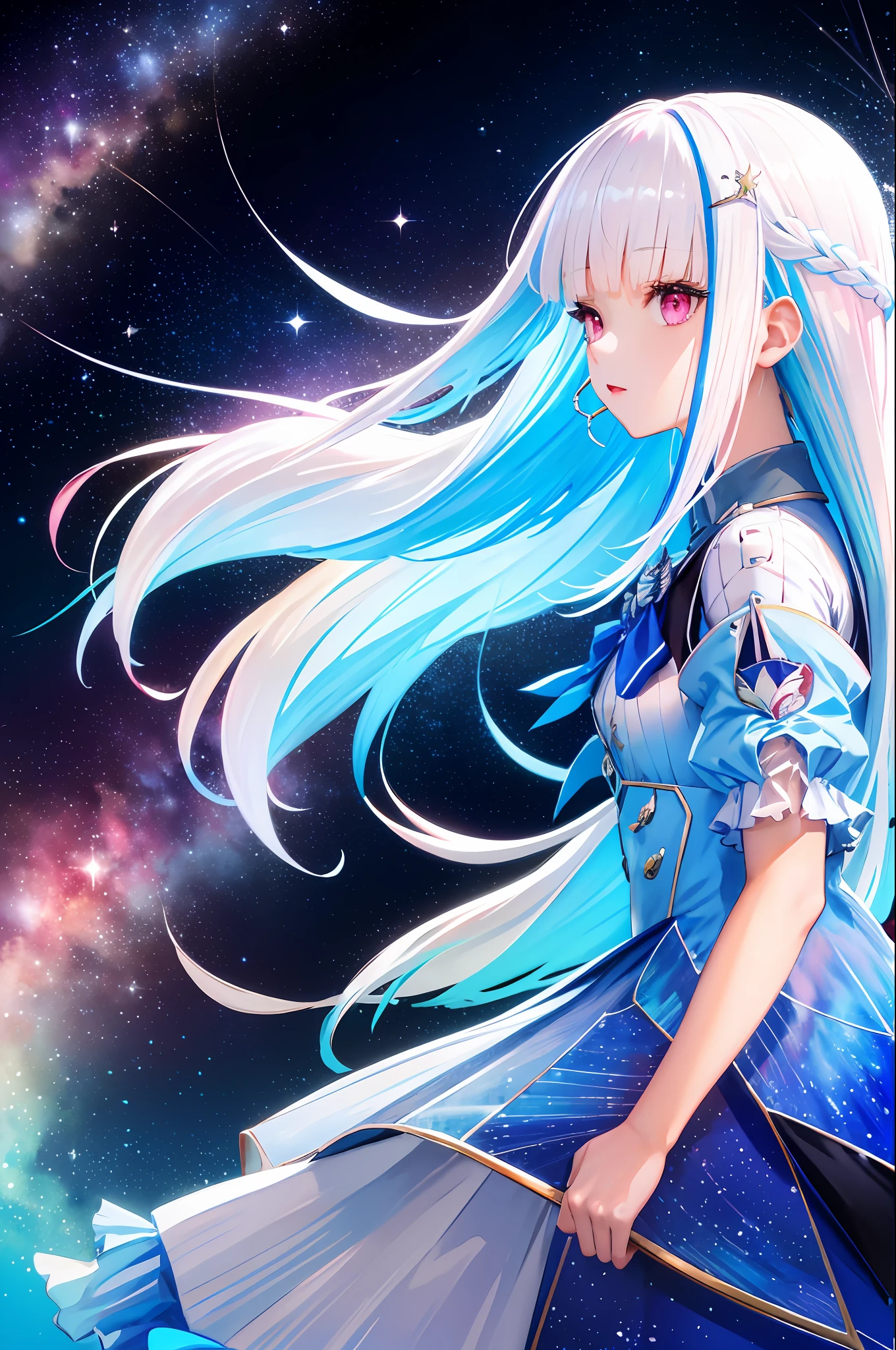 (Masterpiece, Top Quality, Best Quality, Watercolor (Medium), Official Art, Beautiful and Aesthetic: 1.2), (1 Girl: 1.3), (Fractal Art: 1.3), Upper Body, From the Side, Look at the Viewer, Pattern, (Iridescent Hair, Colorful Hair, Half Blue and Half White Hair: 1.2), Water, Liquid, Clouds, Colorful, Starry Sky, Stars, Long Hair, Pink Eyes