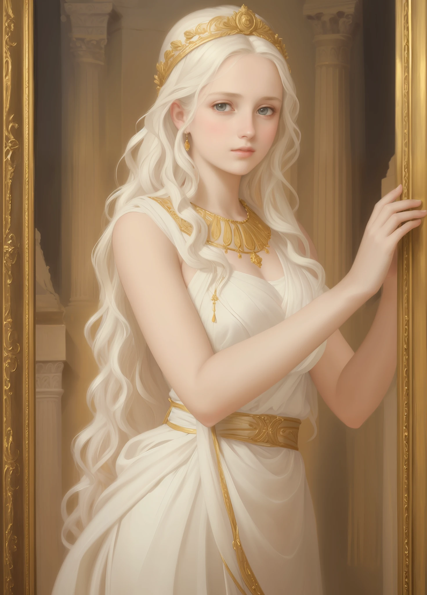 1girl, beautiful teenage girl, beautiful 13 year old girl, very small breasts, long wavy white hair, thin jaw, large white sash covering breasts, golden decorations, portrait, oil painting, realistic proportions, intricate, intricate details, sharp focus, beautiful female body, classical painting, outside, greek temple