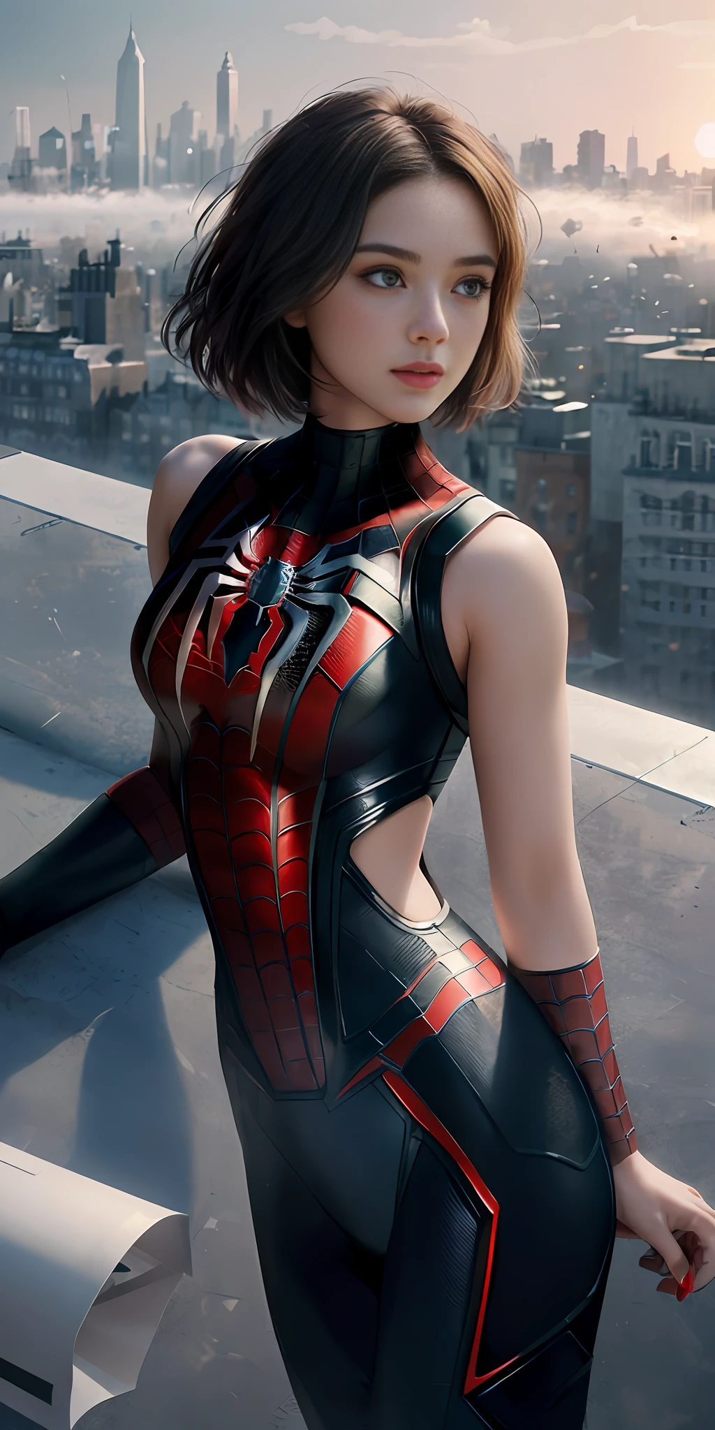 (1girl:1.3), solo, ((very detailed face)))), ((very detailed eyes and face)))), beautiful detail eyes, body parts__, official art, unified 8k wallpaper, super detailed, beautiful and beautiful, beautiful, masterpiece, best quality, original, masterpiece, super fine photo, best quality, super high resolution, realistic realism, sunlight, full body portrait, amazing beauty, perfect figure, dynamic pose, delicate face, shoulder-length short hair, vibrant eyes, (from the front), She wears Spider-Man suit, red and black color scheme, spider, very detailed city roof background, rooftop, overlooking the city, detailed face, detailed complex busy background, messy, gorgeous, milky white, highly detailed skin, realistic skin details, visible pores, clear focus, volumetric fog, 8k uhd, DSLR, high quality, film grain, fair skin, photo realism, lomography, Future dystopian megalopolis, translucent