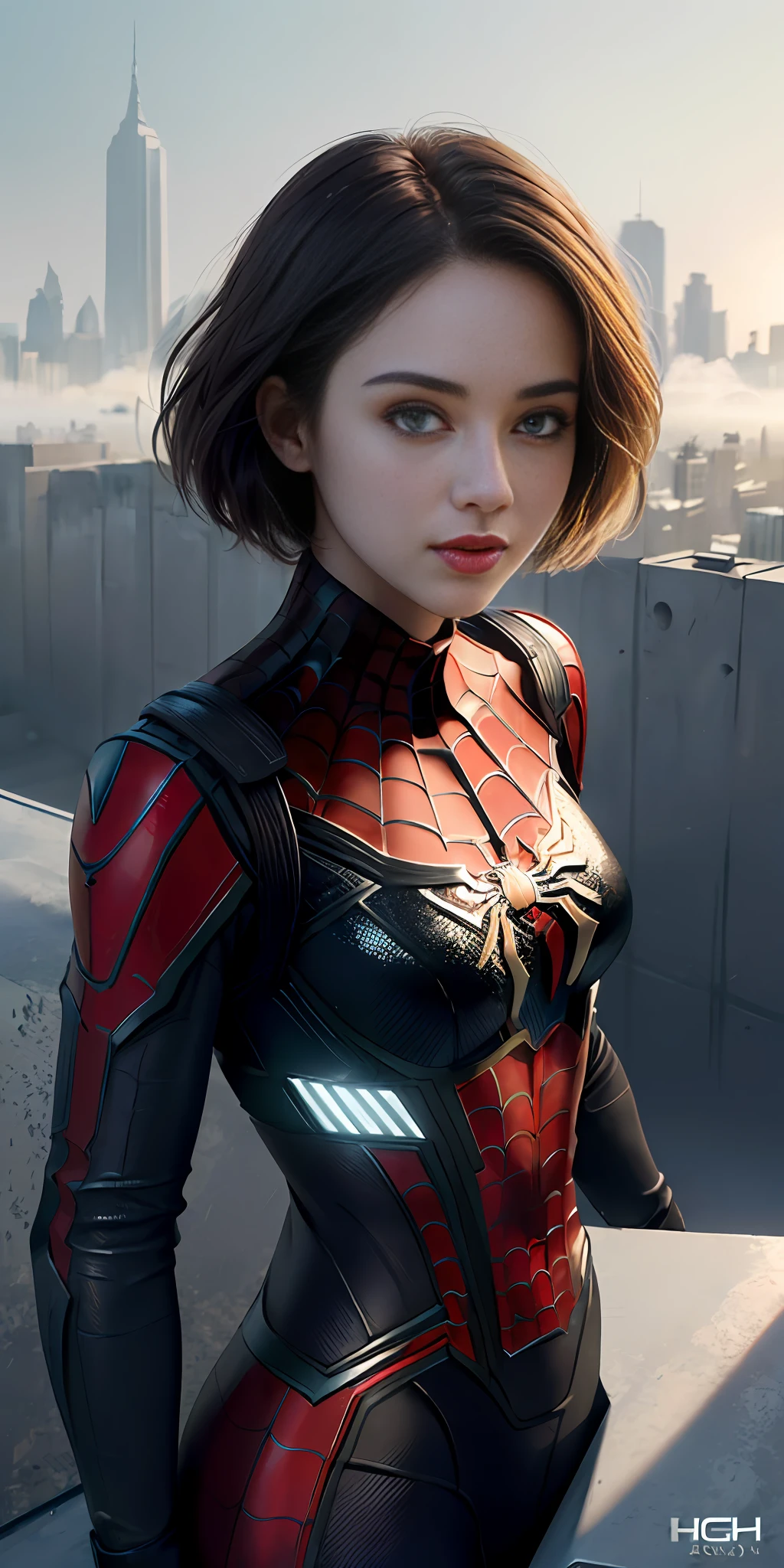 (1girl:1.3), solo, ((very detailed face)))), ((very detailed eyes and face)))), beautiful detail eyes, body parts__, official art, unified 8k wallpaper, super detailed, beautiful and beautiful, beautiful, masterpiece, best quality, original, masterpiece, super fine photo, best quality, super high resolution, realistic realism, sunlight, full body portrait, amazing beauty, perfect figure, dynamic pose, delicate face, shoulder-length short hair, vibrant eyes, (from the front), She wears Spider-Man suit, red and black color scheme, spider, very detailed city roof background, rooftop, overlooking the city, detailed face, detailed complex busy background, messy, gorgeous, milky white, highly detailed skin, realistic skin details, visible pores, clear focus, volumetric fog, 8k uhd, DSLR, high quality, film grain, fair skin, photo realism, lomography, Future dystopian megalopolis, translucent