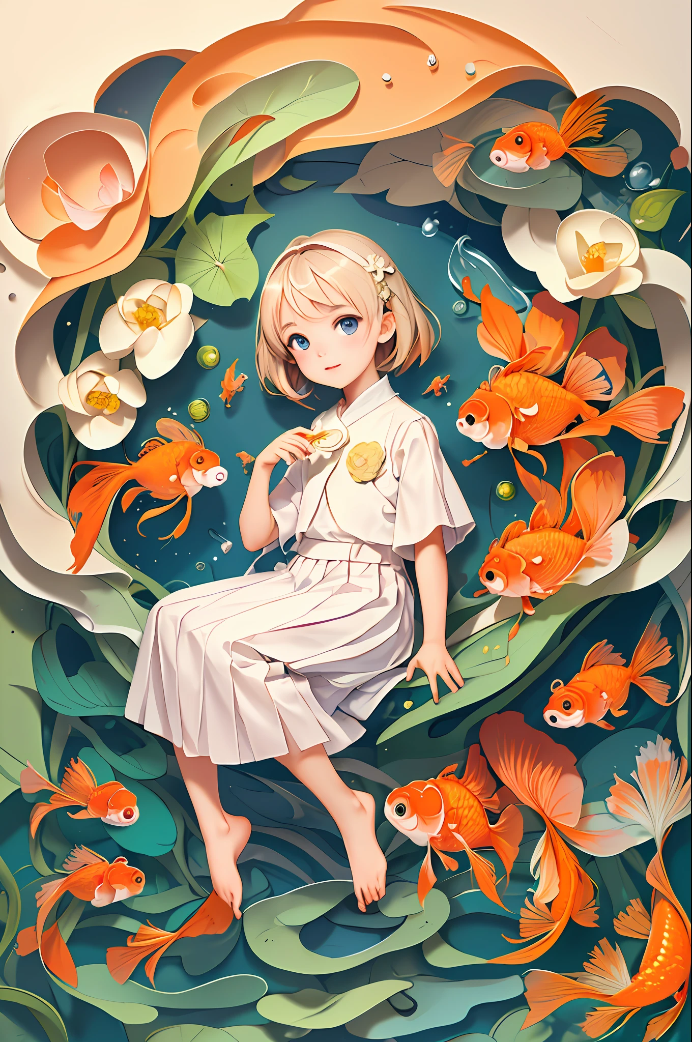 (Masterpiece), Best Quality, Illustration, Beautiful Details Glow, 1 Cute Little Girl, Cute Facial Features, Solo, Full Body, White Cloth, Lotus, (Goldfish), Unified 8k wallpaper, detailed, beautiful and aesthetic