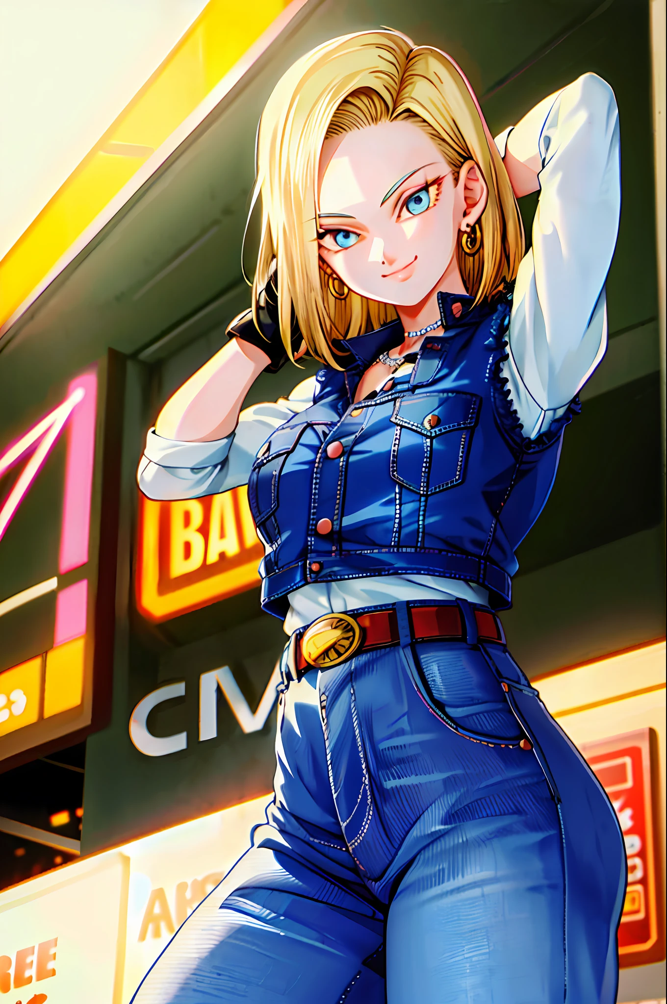 masterpiece, best quality, ultra-detailed, absurd, Portrait of cute Android18DB, solo, earrings, jewelry, jeans, smile, belt, vest, pants, gloves, necklace, jeans, cyberpunk street bustling with neon signs, volumetric lighting, best quality, masterpiece, intricate details, tonemapping, sharp focus, hyper detailed, trend in Artstation,