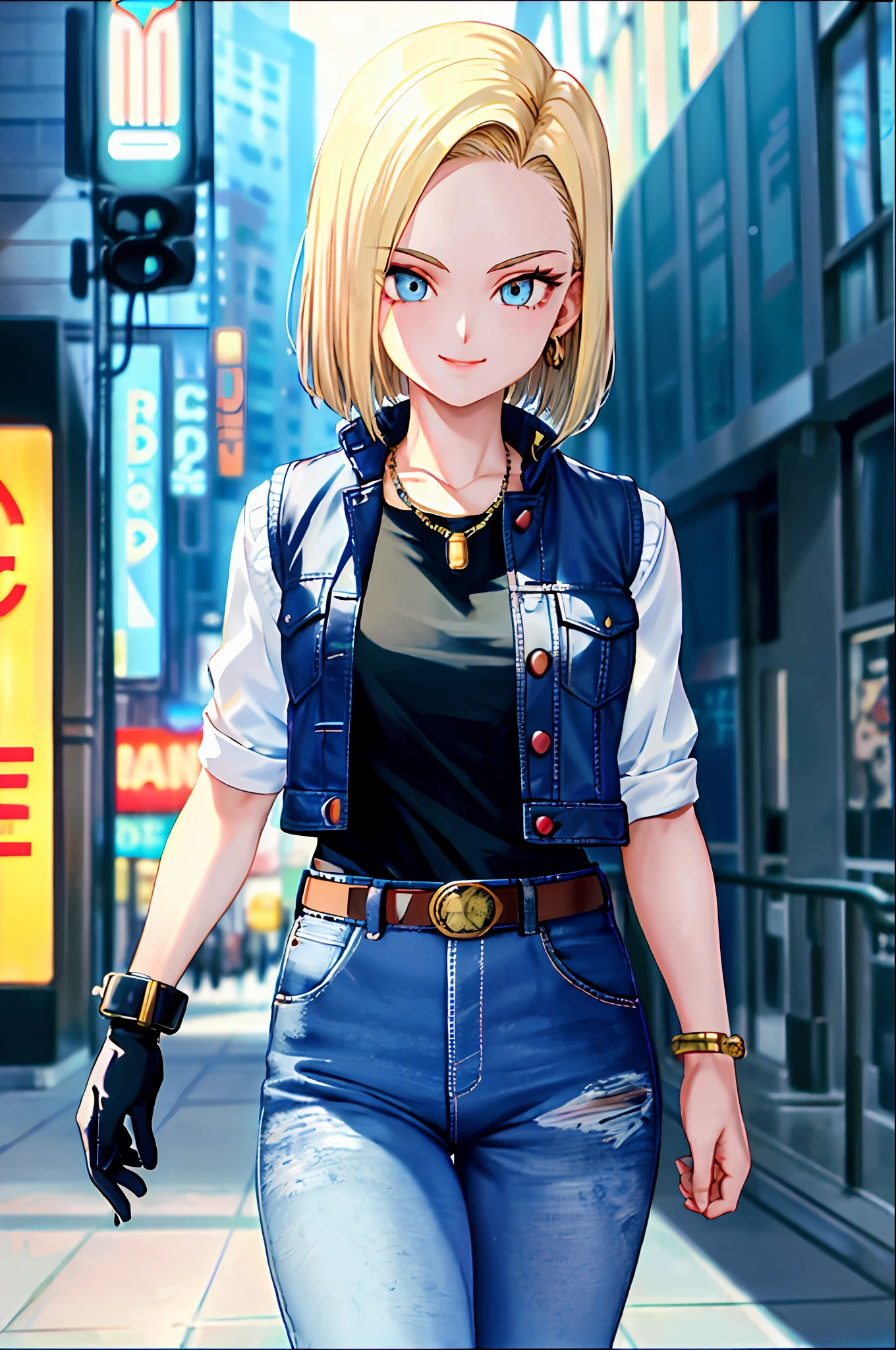 masterpiece, best quality, ultra-detailed, absurd, Portrait of cute Android18DB, solo, earrings, jewelry, jeans, smile, belt, vest, pants, gloves, necklace, jeans, cyberpunk street bustling with neon signs, volumetric lighting, best quality, masterpiece, intricate details, tonemapping, sharp focus, hyper detailed, trend in Artstation,