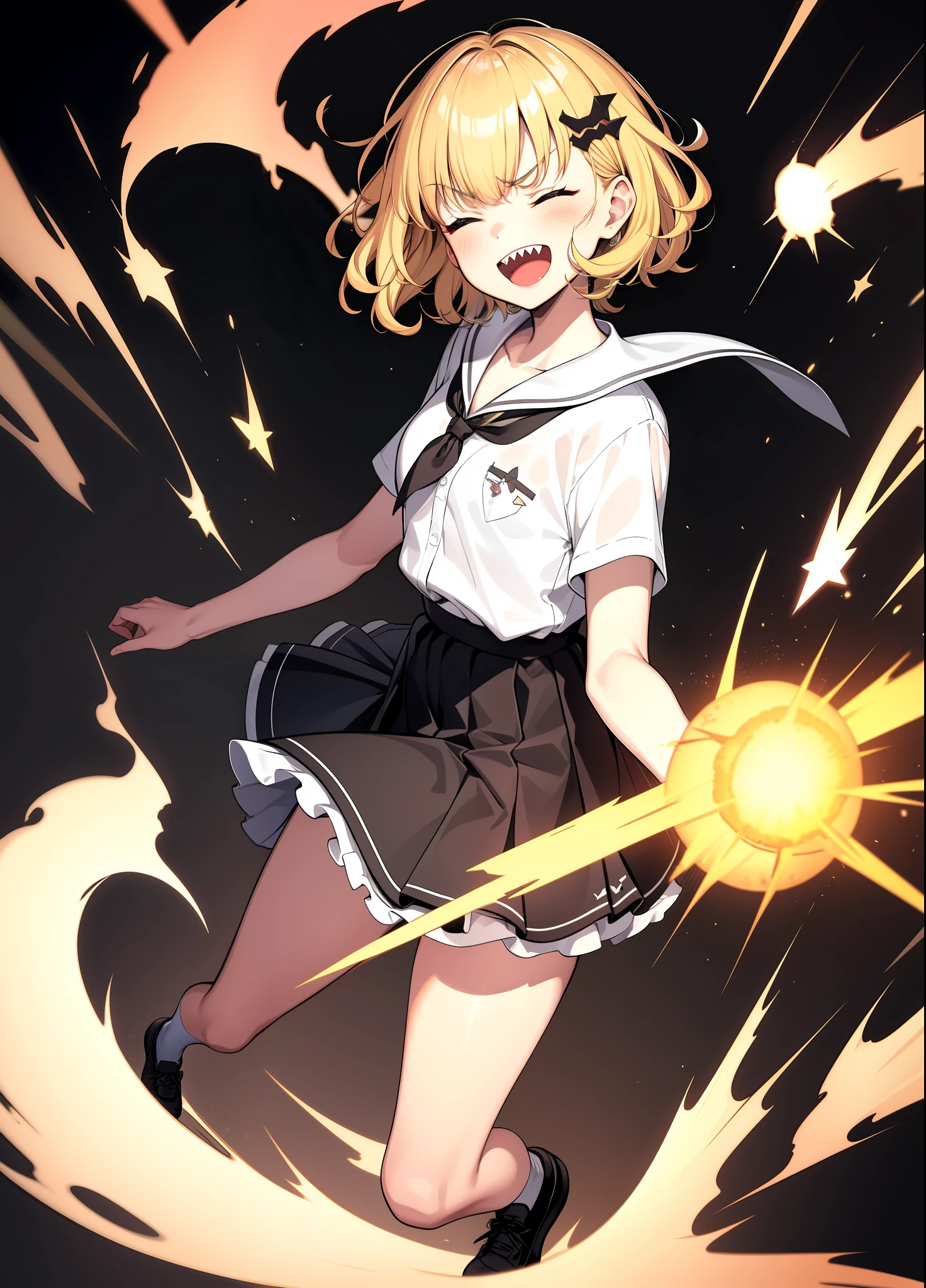 Very detailed eyes, sharp focus, top quality, 1girl, short hair, uniform, hair ornament, smile, open mouth, blonde, curly, bangs, dull bangs, big, big, collarbone, monochrome, line art, portrait, smile, full body, plain skirt, white underwear, face crumbled, eyes closed, face down, clothes fixed, angry, eyebrows, distorted, flew, grimace, glare, Mockery, rage