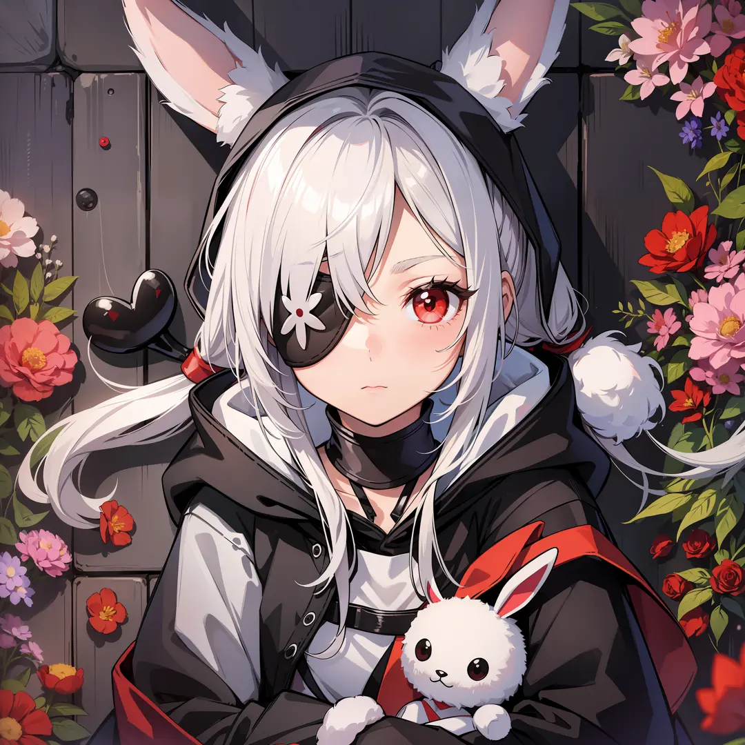 one girl, wearing one white eyepatch, holding a stuffed bunny, short white hair in two pigtails l, with a hood, bunny ear access...