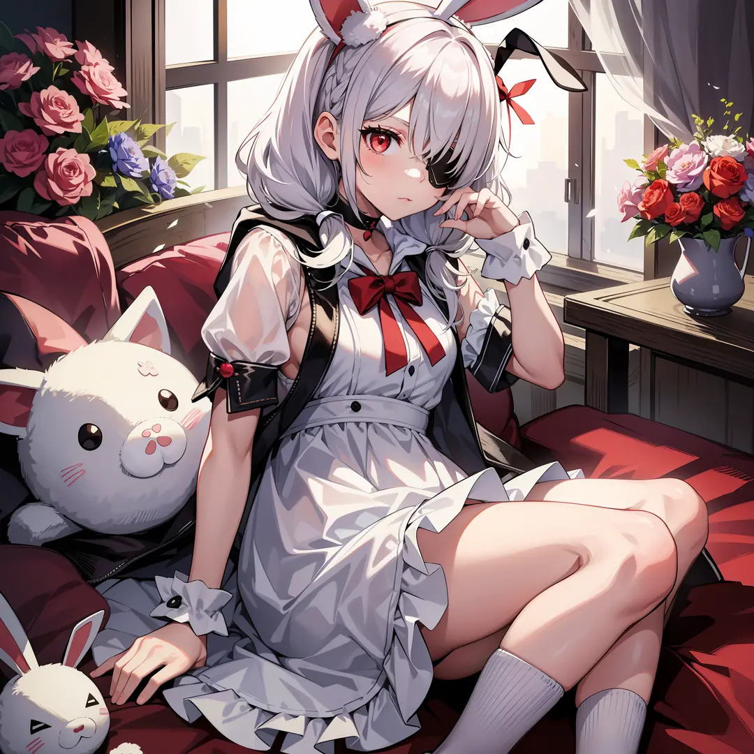 one girl, wearing one white eyepatch, holding a stuffed bunny, short white hair in two pigtails l, with a hood, bunny ear access...