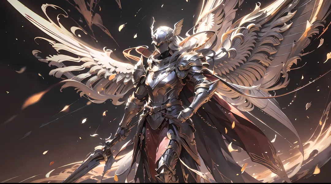 Cover of pure white Holy Spirit Archangel Valkyrie armor, red cape swaying in the wind, battle stance diagram, helmet covering eyes, mechanical six-winged holy light wings, fluttering effect, realistic effect, radiation, close-up, 3D, chiaroscuro, luminesc...