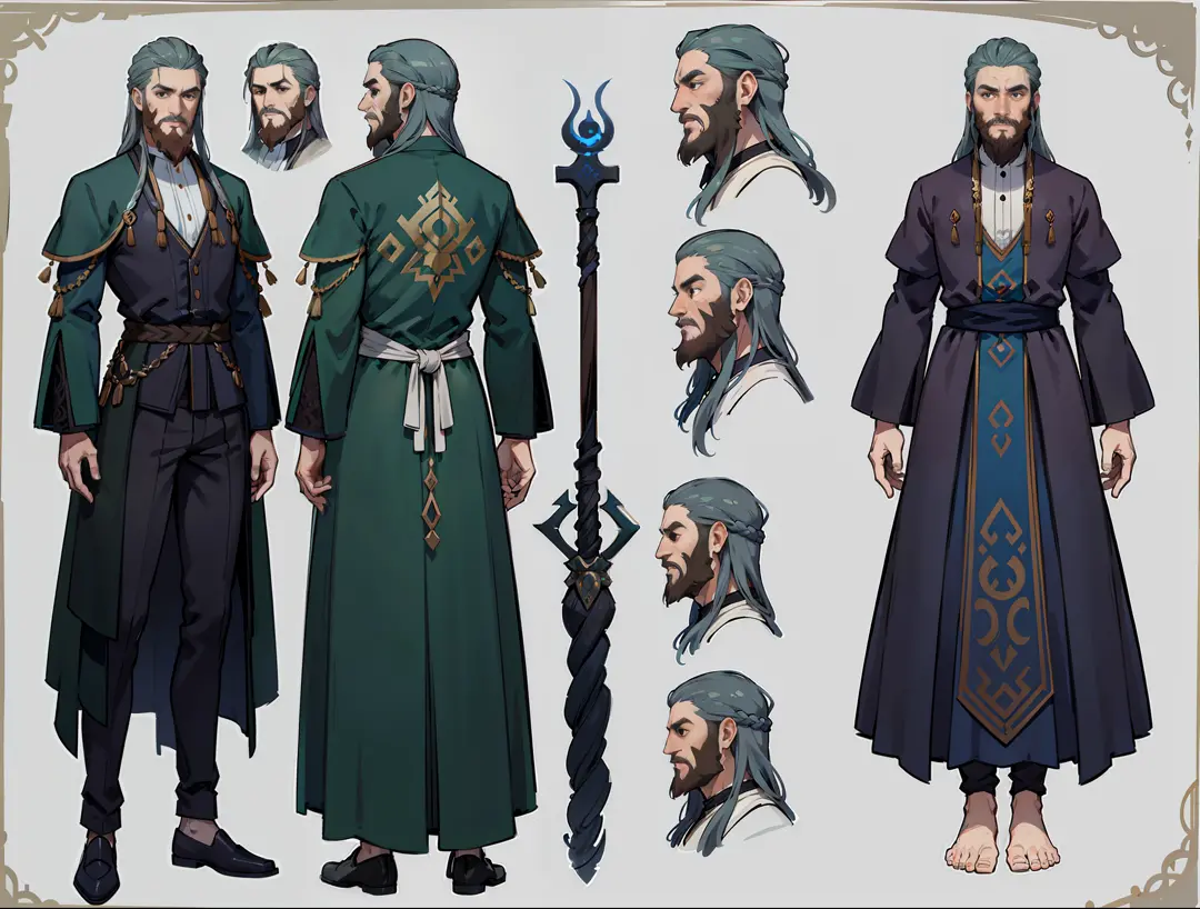 1man, reference sheet, (character design, front, back, side) average height, green eyes. brown neatly combed hair, long beard. long, flowing robe made of dark blue silk, adorned with intricate silver runes. Carrying staff carved from ancient oak, etched wi...