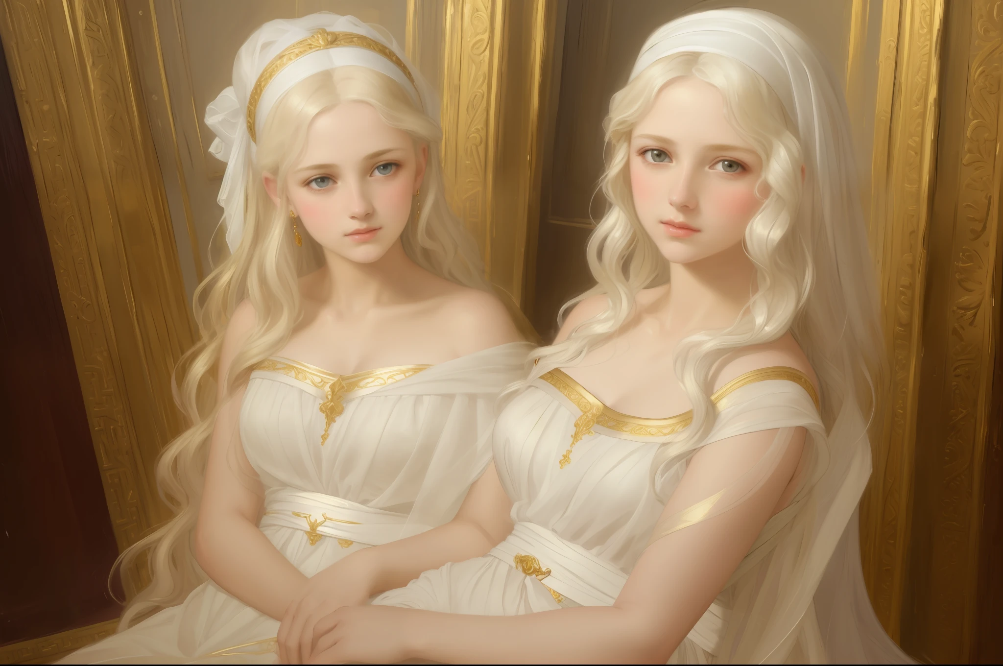 1girl, beautiful teenage girl, beautiful 13 year old girl, very small breasts, long wavy white hair, thin jaw, large white sash covering breasts, golden decorations, portrait, oil painting, realistic proportions, intricate, intricate details, sharp focus, beautiful female body, classical painting, outside, greek temple