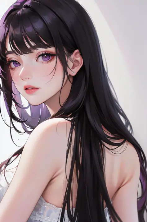 (highest resolution, distinct_image) The best quality, a woman, masterpiece, highly detailed, (semi-realistic), ((long hair)), black hair, black hair bangs, purple eyes, mature, cherry glossy lips, white background, close-up portrait
