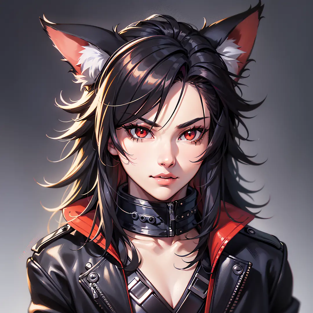 (anthropomorphic fox cute puppy) with black jacket, red eyes, hairy body, bad boy, young, portrait, bust, posture facing the cam...