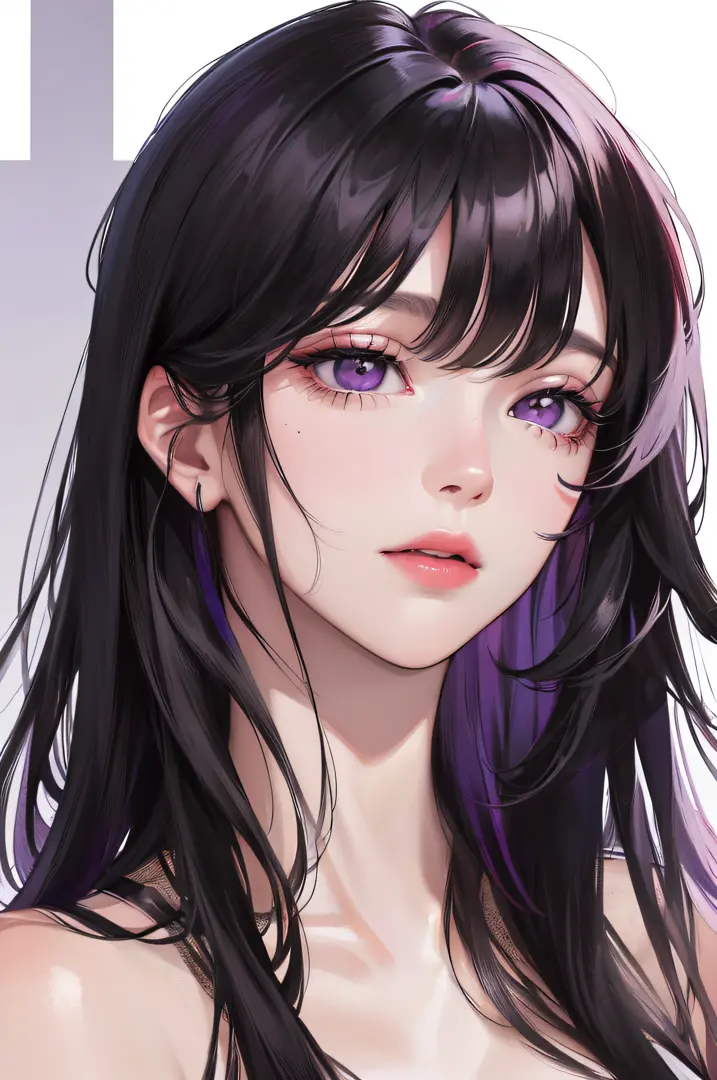 (highest resolution, distinct_image) The best quality, a woman, masterpiece, highly detailed, (semi-realistic), ((long hair)), black hair, black hair bangs, purple eyes, mature, cherry glossy lips, white background, close-up portrait, solid circle eyes