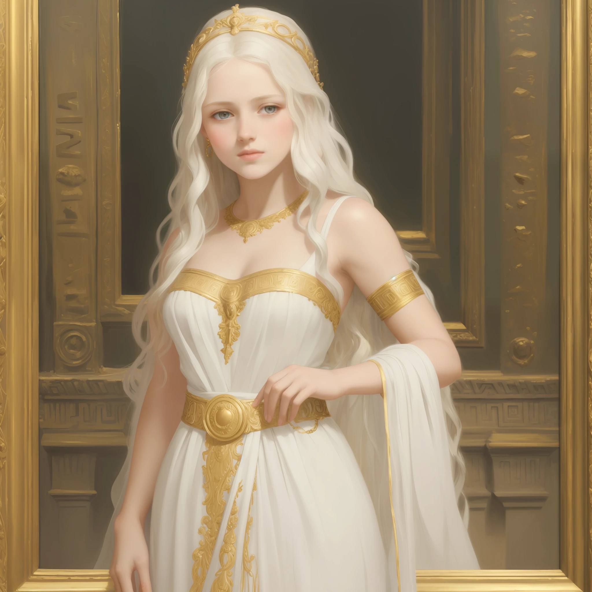 1girl, beautiful teenage girl, beautiful 13 year old girl, very small breasts, long wavy white hair, thin jaw, large white sash covering breasts, golden decorations, portrait, oil painting, realistic proportions, intricate, intricate details, sharp focus, beautiful female body, classical painting, outside, greek temple