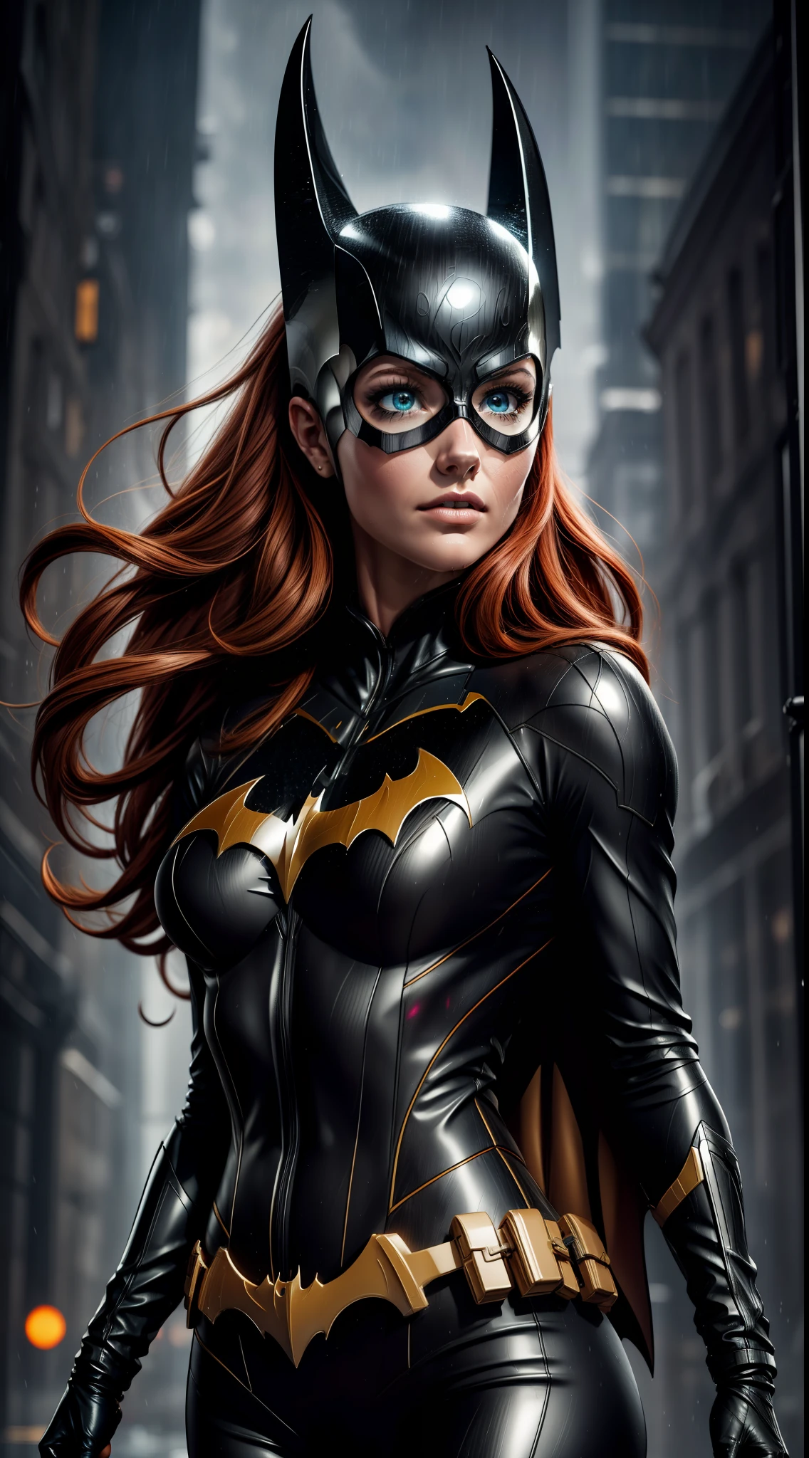 Barbara Gordon, Anime-Serie, Schönheit, Batgirl-Kleidung, Batgirl Kostüm, Windeffekt, full body Foto, prominente Person, am Rand eines Wolkenkratzers stehen, Nacht, Foto (Meisterwerk) (beste Qualität) (Detail) (8K) (HD) (Hintergrund) (filmische Beleuchtung) (scharfer Fokus) (kompliziert), sexy, Regen, wet, Strahlen, beste Qualität, ultrahohe Auflösung, Fotorealistic, Ganzkörperporträt, unglaublich hübsch,  dynamische Posen, detaillierte Hautstruktur, Hochdetaillierte Haut, Detailliertes Gesicht,