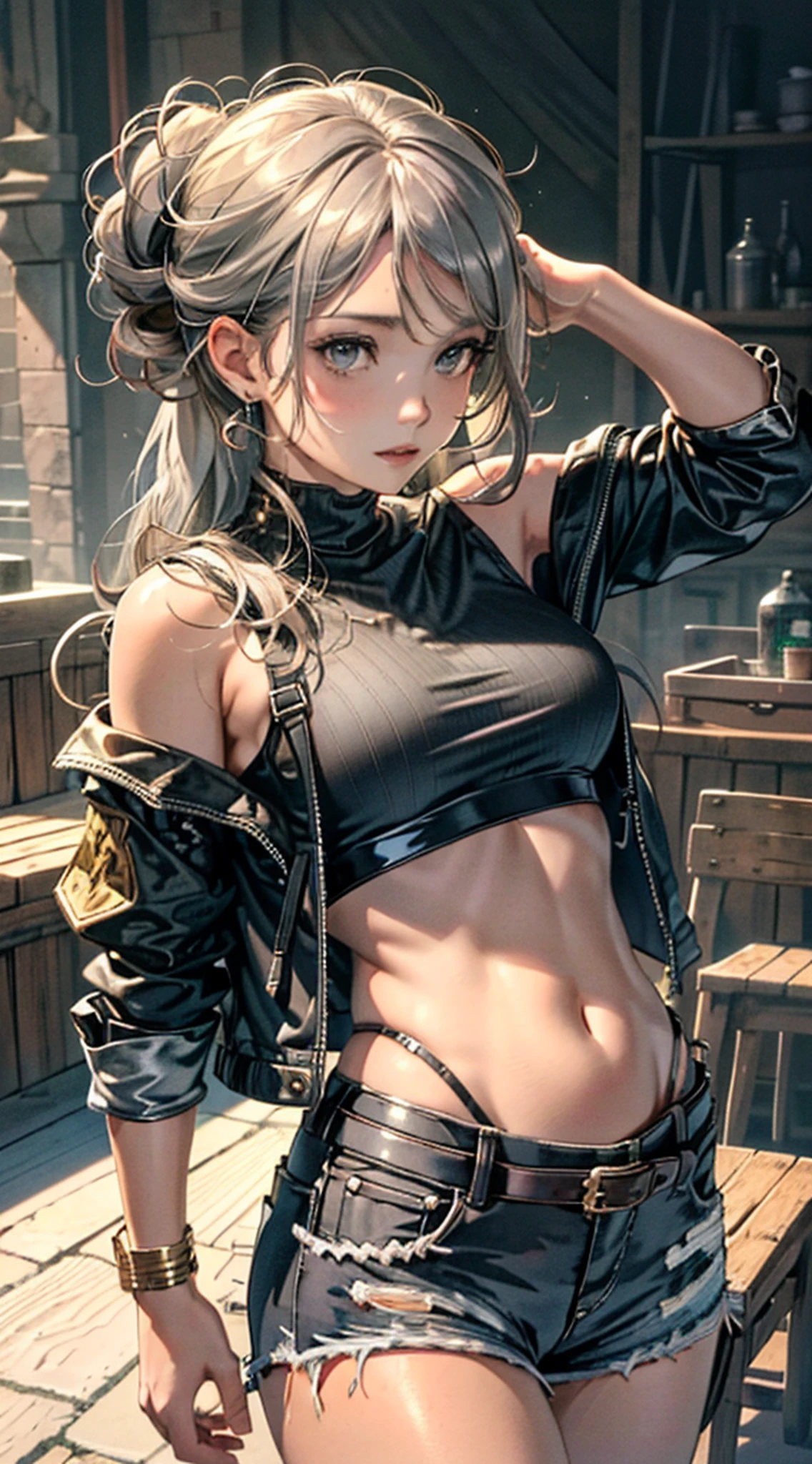 (Masterpiece, Best Quality, Detail Shiny Skin: 1.2), Flawless, 8k, RAW, High Resolution, Upper Body, 1 Girl, Realistic Textures, Torn Clothes, Ragged Clothes, Ultra Shorts, Soft and Saggy Breasts, Bare Shoulders, Belly Button, Areola, Gray Hair, Long Hair, Straight Hair, Wavy Updo, Olive Skin, High Quality Face, Narrow Space, Dungeon, Chair,