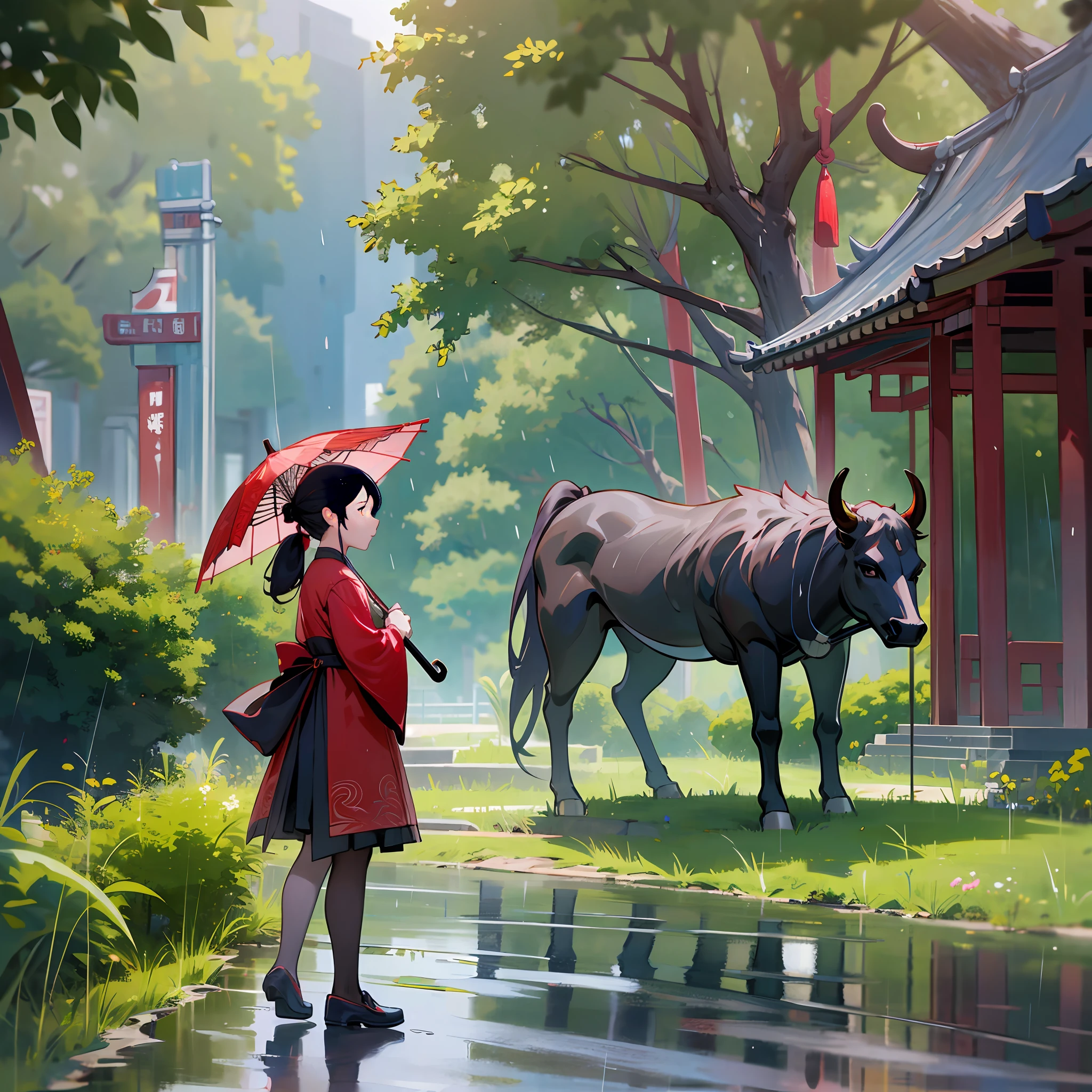 zhongguo, northeast, summer, Afternoon, After the rain, capped mountains, park, Bronze bull sculpture, tourist, With an umbrella, small girl, Red dress, ponytail, Wait for mom, close-up, Hyperrealism, Sony FE GM, UHD, high details, high quality --auto --s2