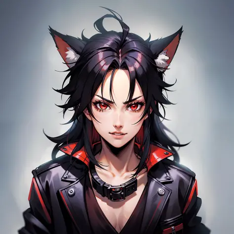 (anthropomorphic fox cute puppy) with black jacket, red eyes, hairy body, bad boy, young, portrait, bust, posture facing the cam...