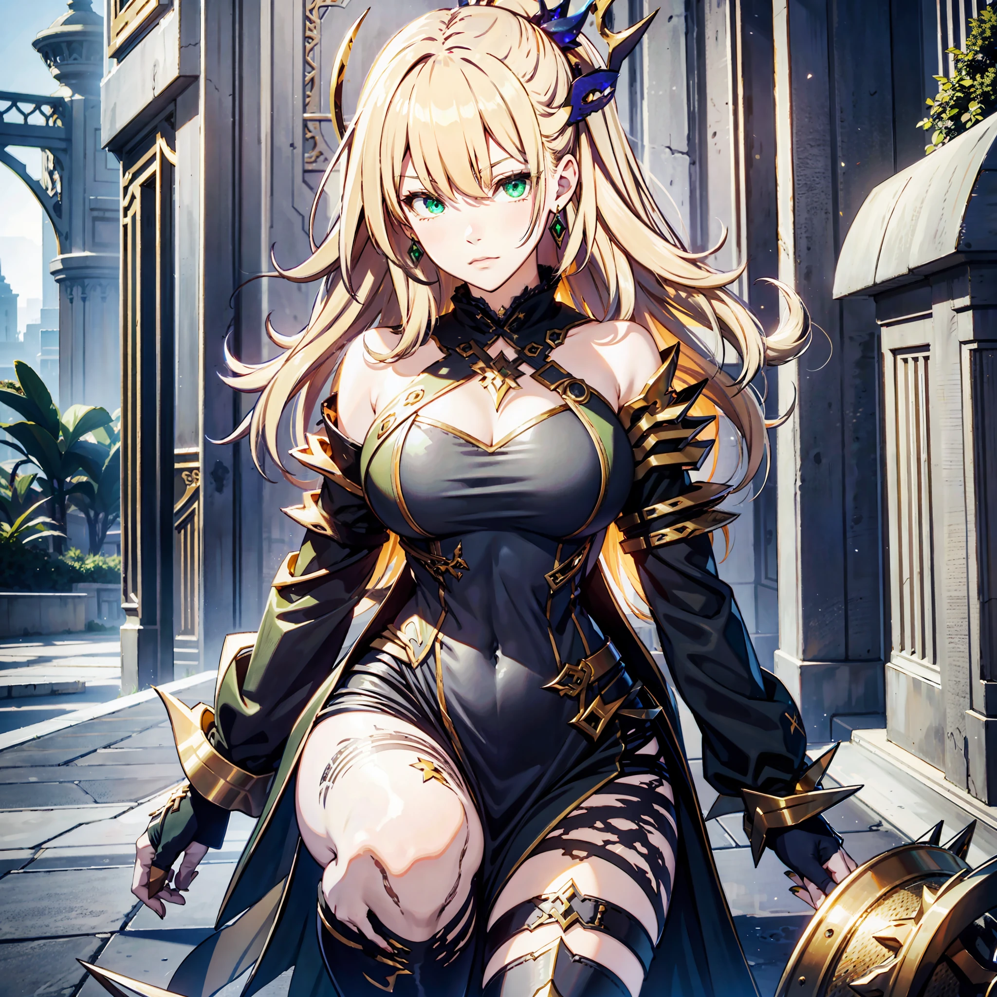 masterpiece, best quality, 1girl, child, female focus, solo, blonde hair, vibrant green eyes, looking at viewer, High quality metal texture, closed mouth, bangs, high collar,(kbxll:0.6), Fantasy aesthetics, Highly detailed, shadowverse style, full body, goddess