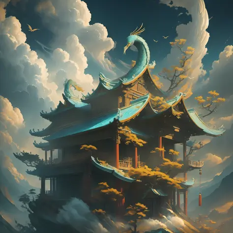 Exquisite Chinese art sculpture, cranes, clouds, flowers, full of golden layers, jade, gold, Cyan, traditional Chinese art, arts...