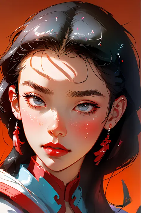 (Face close-up:1.3),Head portrait close-up, Mulan, trendy, modern, red background, black and white fluorescent colors, flat style, minimalism, flat illustration, Tsuruta Ichiro style,