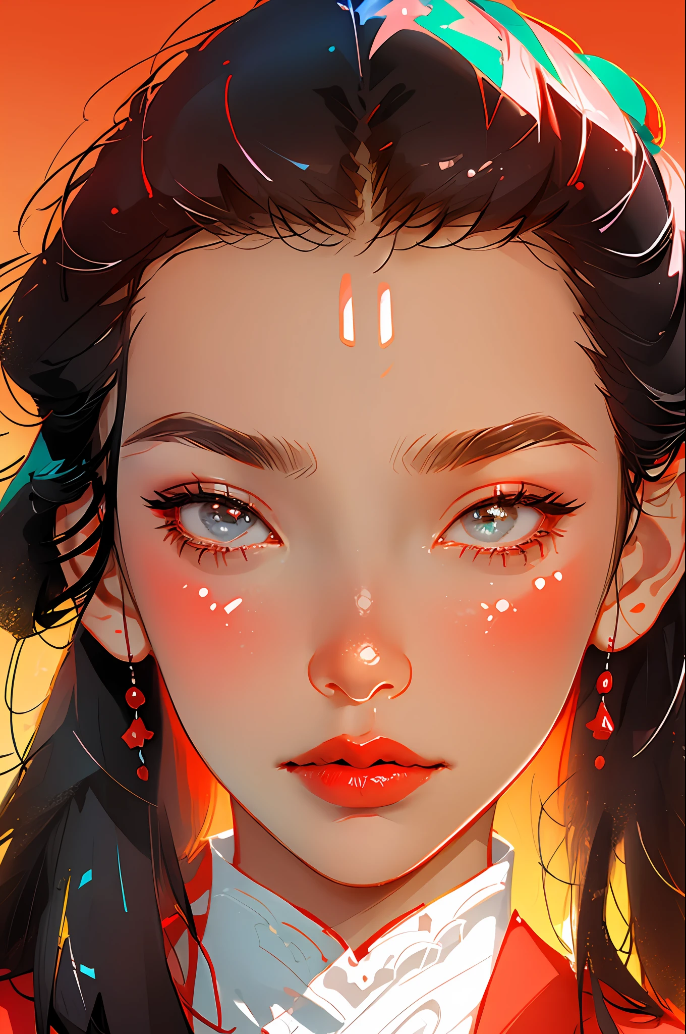 (Face close-up:1.3),Head portrait close-up, Mulan, trendy, modern, red background, black and white fluorescent colors, flat style, minimalism, flat illustration, Tsuruta Ichiro style,