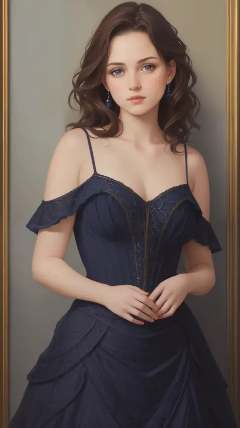 1girl, beautiful teenage girl, small breasts, revealing ornate navy blue dress, short wavy brown hair, portrait, oil painting, m...