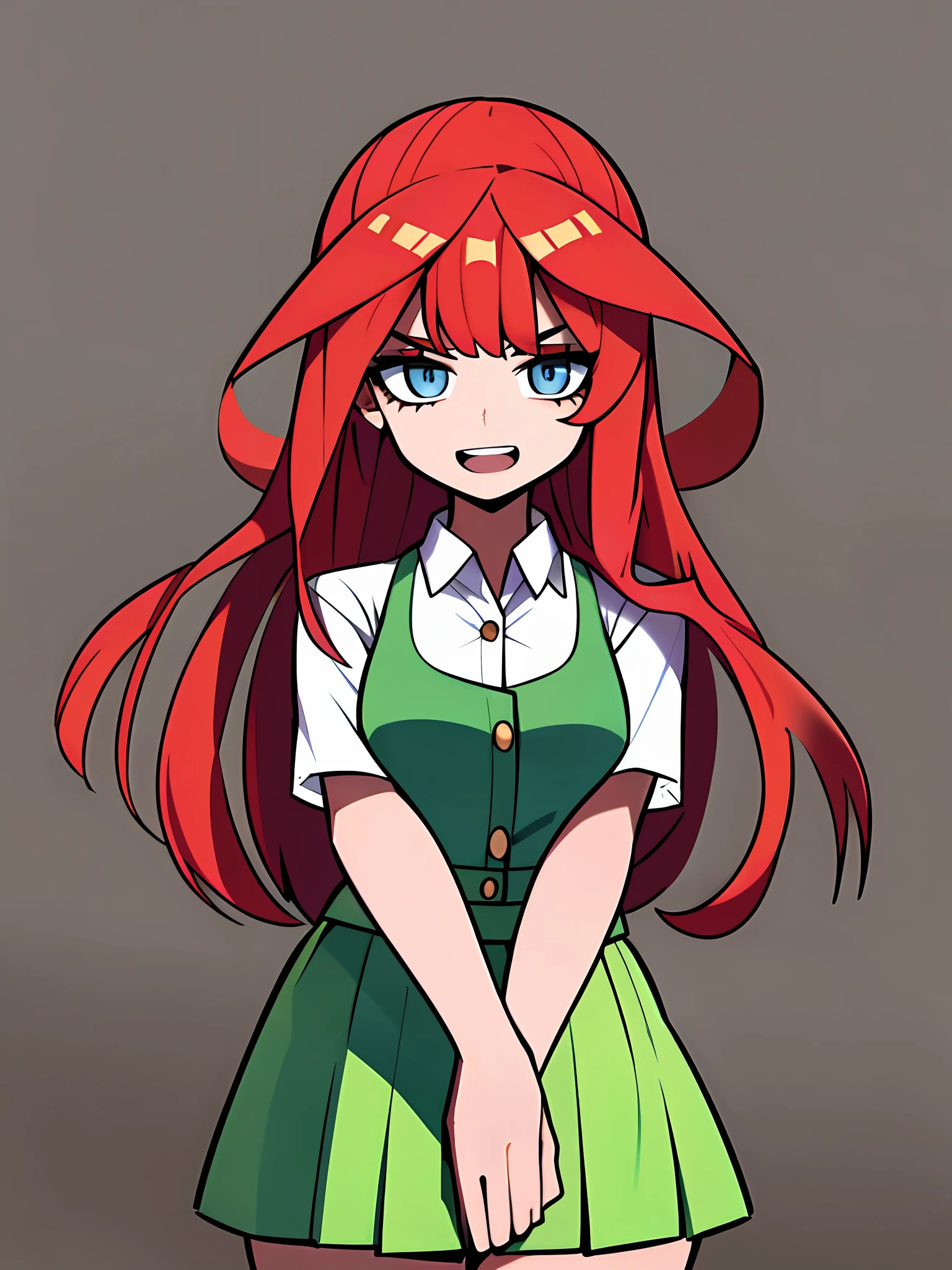 ((masterpiece, best quality)), (1 girl), (solo), (female focus), (chokeholding, red hair, long hair), blue eyes, slight smile, open mouth, ((white shirt), (buttoned shirt), (gap between buttons)), ((green skirt), (short skirt)), standing, white background, arms behind the back, dynamic angle