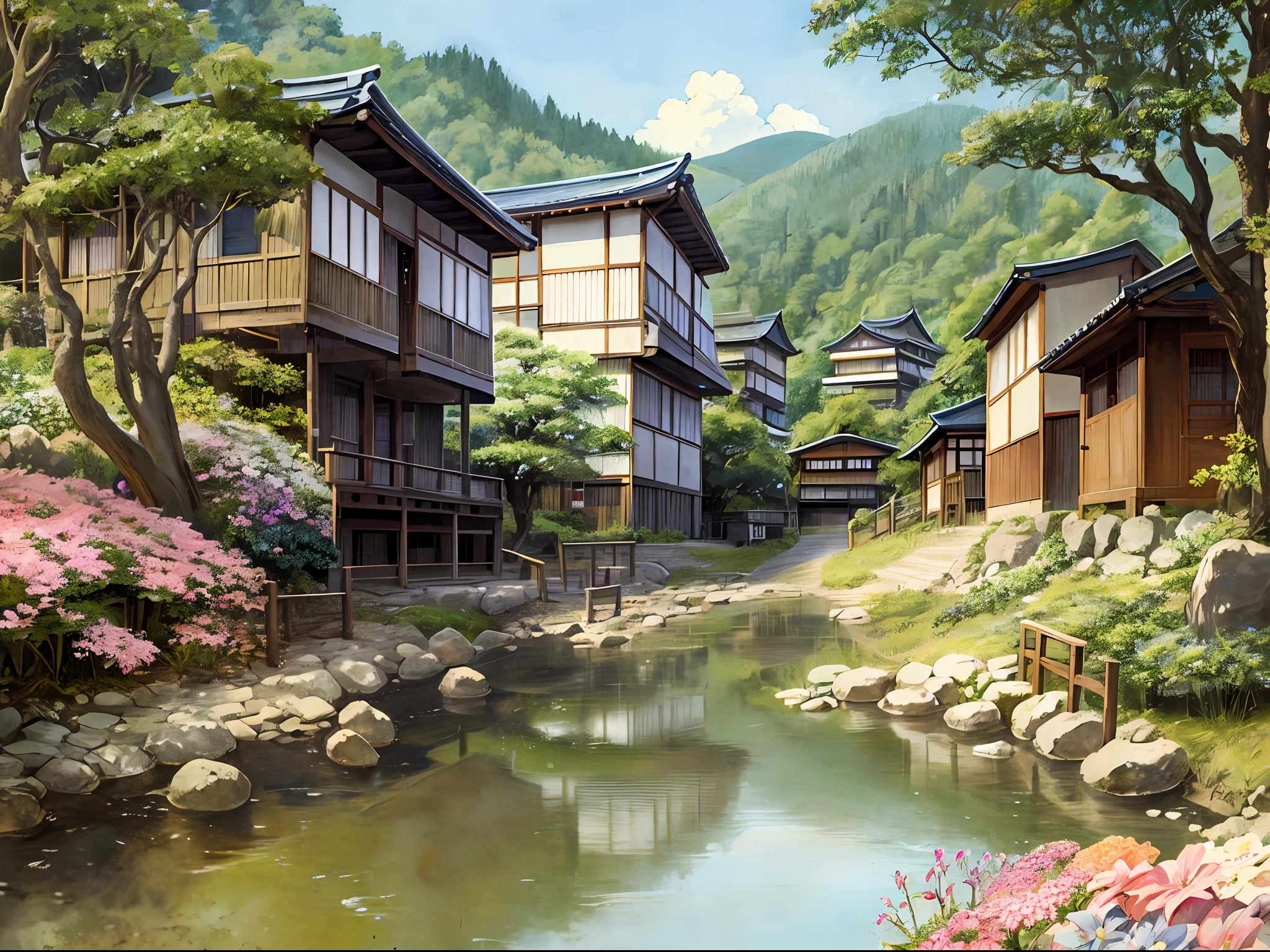 Delicate watercolor illustration of cozy small town in Japan Warring States period, cozy beautiful composition, summer afternoon color scheme, sharp details, intricate details